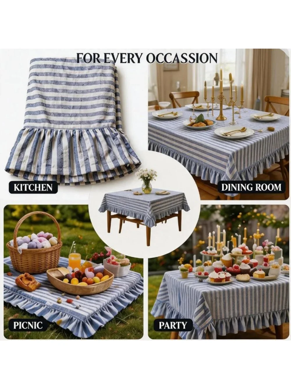 Light Blue Striped Ruffled Tablecloth 60x120 Inch, Gingham Style for Dining